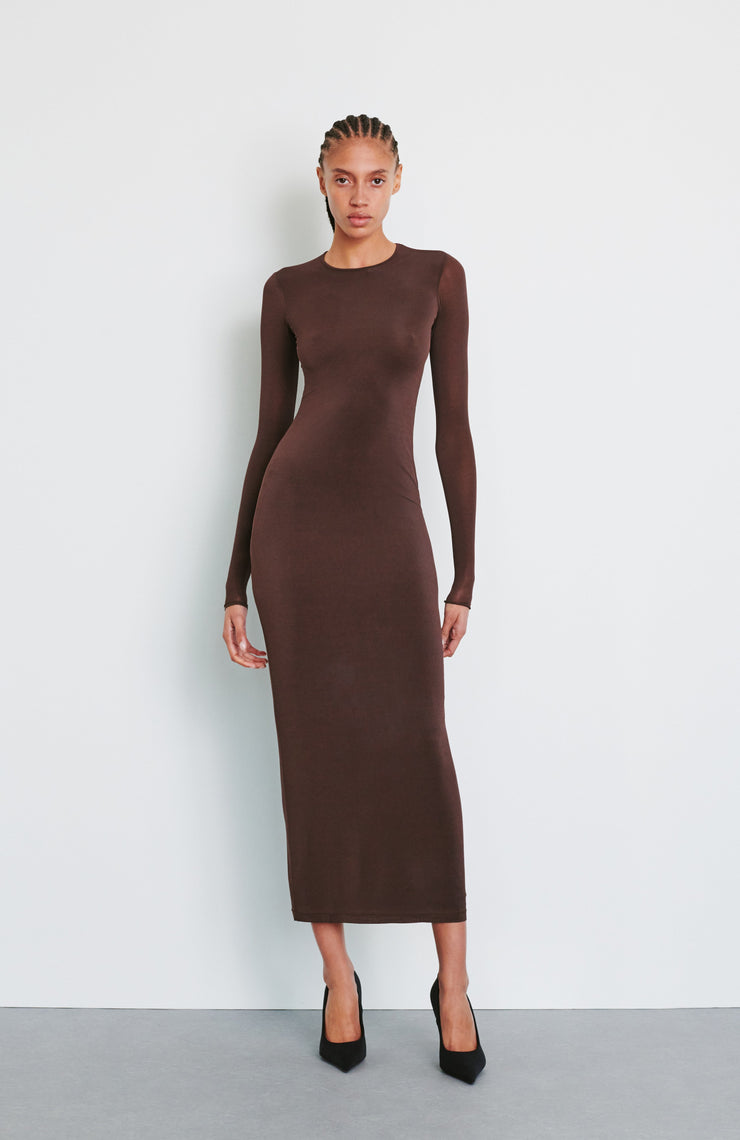 sheer midi dress Beige Embellished Mesh Fitted With Panels Designed with a jewel neckline and long sleeves W760 SHEER LONG SLEEVE MIDI